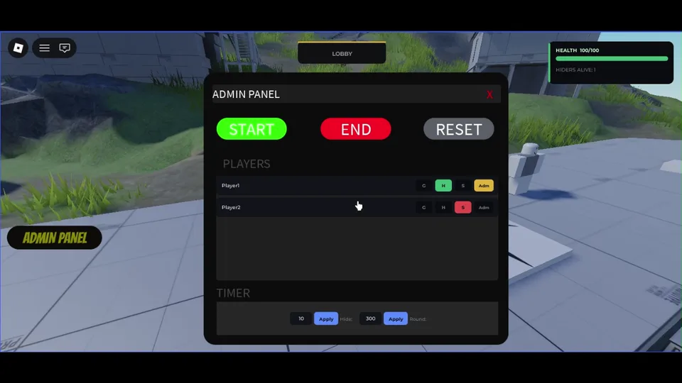 Hide and Seek Framework admin panel and map controls