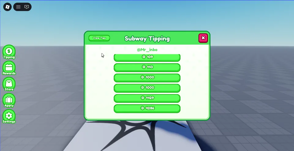Roblox tipping interface with multiple Robux options