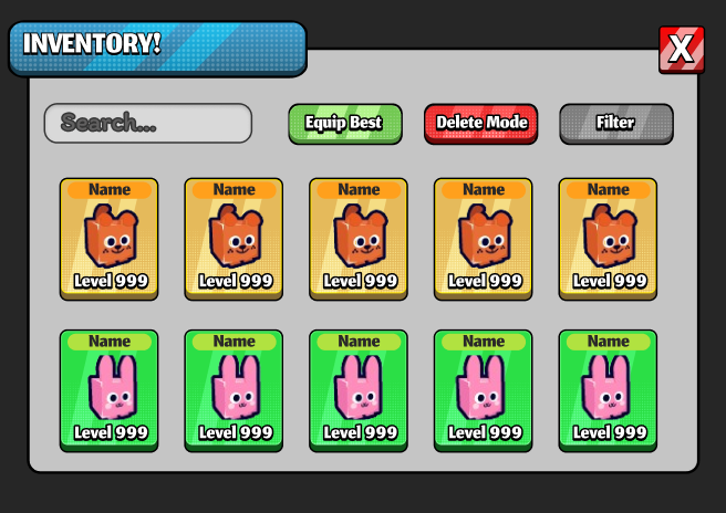 Roblox Cartoony Simulator Pet and Item Inventory UI
