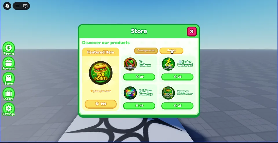 Roblox store interface with featured products and gamepasses